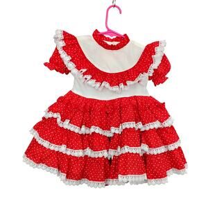 Vintage Chel Ruffles Girls Dress Size 2-4T Red White Polka Dot Buttons On Back